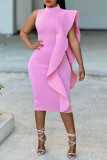 Pink Casual Solid Patchwork Turtleneck Sleeveless Dress Dresses