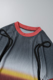 Colour Sexy Gradual Change Print Patchwork See-through O Neck Short Sleeve Two Pieces