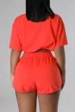 Pink Casual Solid Frenulum Basic O Neck Short Sleeve Two Pieces