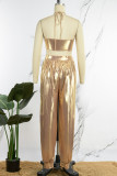 Gold Sexy Solid Hollowed Out Backless Strap Design Halter Regular Jumpsuits