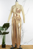 Gold Sexy Solid Hollowed Out Backless Strap Design Halter Regular Jumpsuits