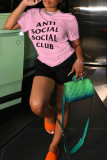 Red Casual Letter Print Basic O Neck Short Sleeve Two Pieces