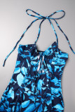 Blue Sexy Print Hollowed Out Patchwork Frenulum Backless Halter Sleeveless Dress Dresses