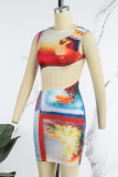 Red Sexy Print Hollowed Out Backless Asymmetrical O Neck Sleeveless Dress Dresses