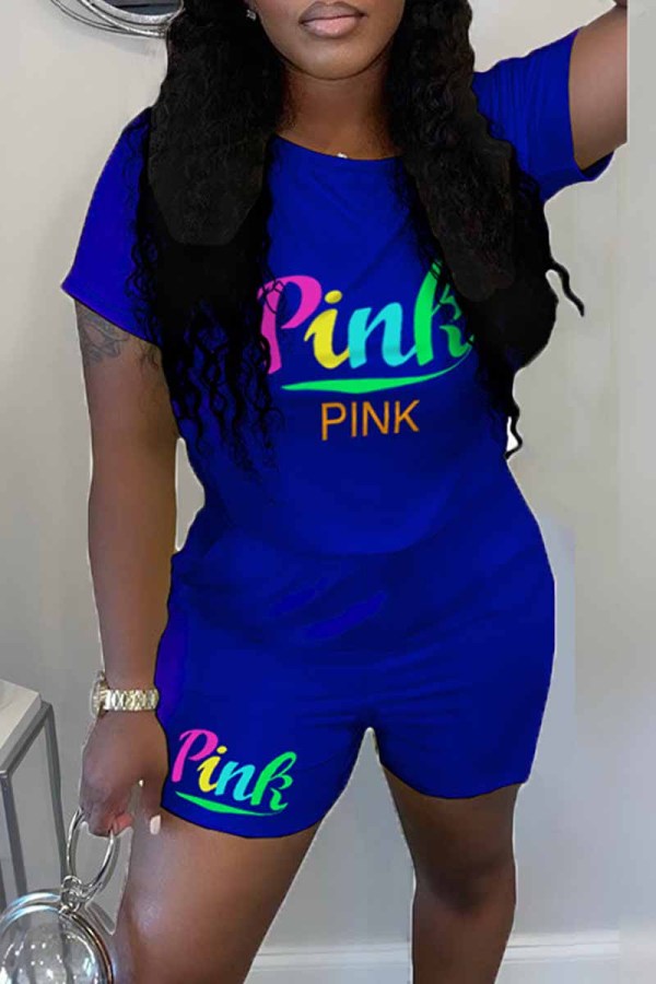 Blue Casual Print Letter O Neck Short Sleeve Two Pieces