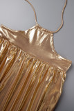Gold Sexy Solid Hollowed Out Backless Strap Design Halter Regular Jumpsuits