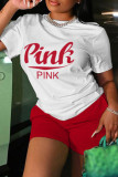 Red Casual Letter Print Basic O Neck Short Sleeve Two Pieces
