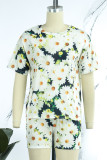 Multicolor Casual Print Basic O Neck Short Sleeve Two Pieces