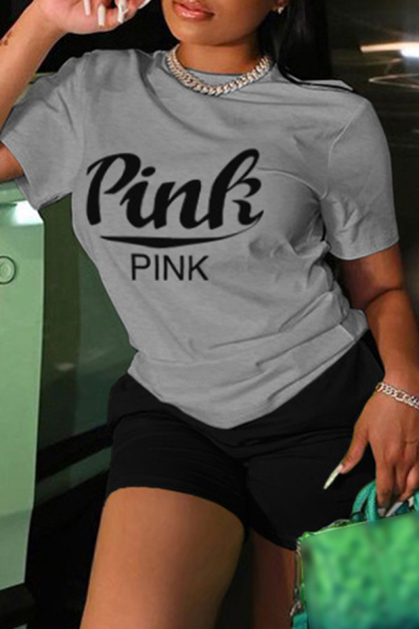 Grey Casual Letter Print Basic O Neck Short Sleeve Two Pieces