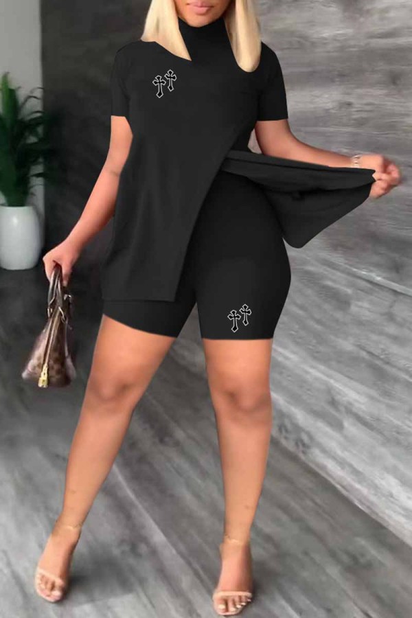 Black Elegant Print Patchwork Slit Half A Turtleneck Short Sleeve Two Pieces