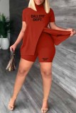 Red Casual Print Slit Letter Half A Turtleneck Short Sleeve Two Pieces