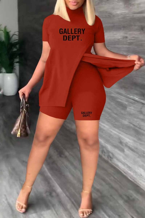 Red Casual Print Slit Letter Half A Turtleneck Short Sleeve Two Pieces