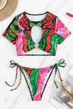 Multicolor Sexy Print Hollowed Out Frenulum Swimwears (With Paddings)