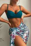 Ink Green Sexy Print Patchwork Backless Swimsuit Three Piece Set (With Paddings)