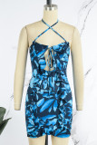 Blue Sexy Print Hollowed Out Patchwork Frenulum Backless Halter Sleeveless Dress Dresses