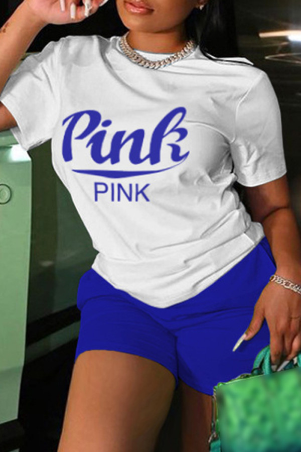 White Blue Casual Letter Print Basic O Neck Short Sleeve Two Pieces
