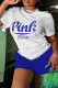 White Blue Casual Letter Print Basic O Neck Short Sleeve Two Pieces