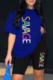 Blue Casual Letter Print Basic O Neck Short Sleeve Two Pieces
