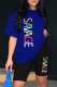 Blue Casual Letter Print Basic O Neck Short Sleeve Two Pieces