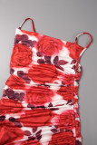 Rose Red Sexy Print Backless Fold Spaghetti Strap Sleeveless Dress Dresses