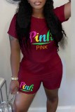 Pink Casual Print Letter O Neck Short Sleeve Two Pieces