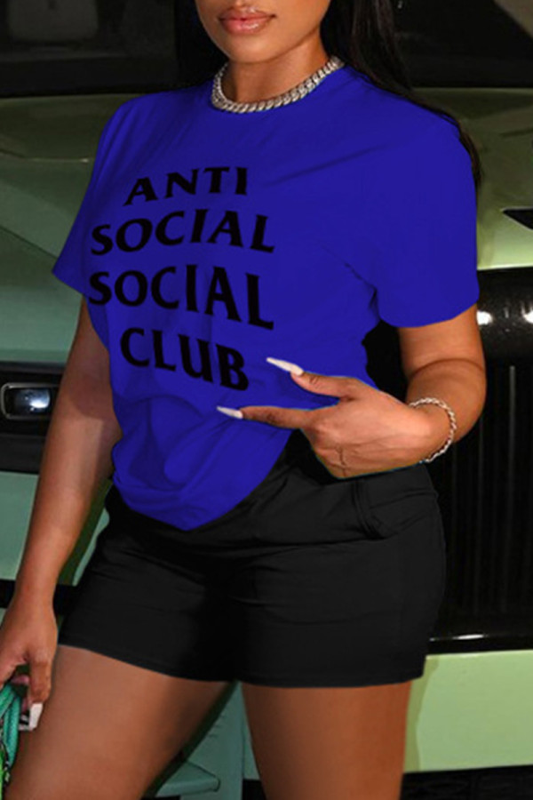Blue Casual Letter Print Basic O Neck Short Sleeve Two Pieces