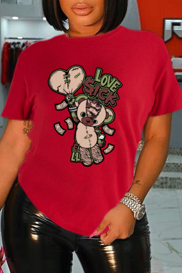 Red Daily Cute Print Patchwork O Neck T-Shirts