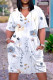 White Casual Print Patchwork V Neck Short Sleeve Dress
