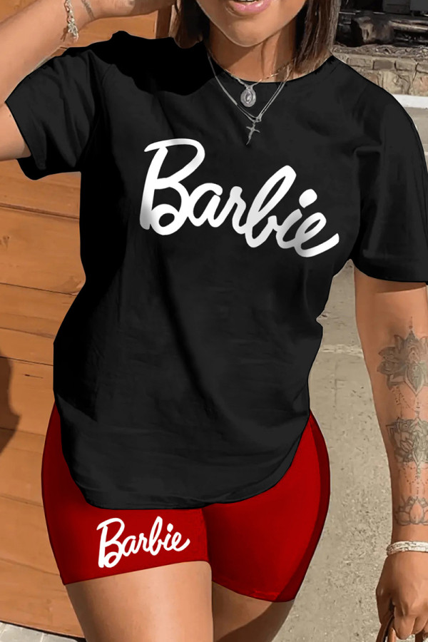 Black Red Casual Print Basic O Neck Short Sleeve Two Pieces