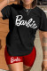 Black Red Casual Print Basic O Neck Short Sleeve Two Pieces