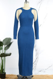 Tibetan Blue Casual Solid Patchwork O Neck Long Sleeve Dresses