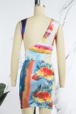 Red Sexy Print Hollowed Out Backless Asymmetrical O Neck Sleeveless Dress Dresses