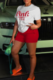 Red Casual Letter Print Basic O Neck Short Sleeve Two Pieces