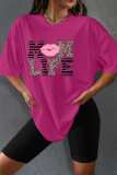 Rose Red Casual Letter Print Basic O Neck Short Sleeve Two Pieces