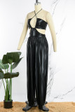 Gold Sexy Solid Hollowed Out Backless Strap Design Halter Regular Jumpsuits