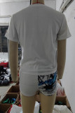 White Street Print Patchwork Pocket O Neck Short Sleeve Two Pieces