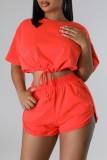 Pink Casual Solid Frenulum Basic O Neck Short Sleeve Two Pieces