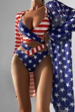 Red Blue Sexy Print Patchwork Swimsuit Three Piece Set (With Paddings)