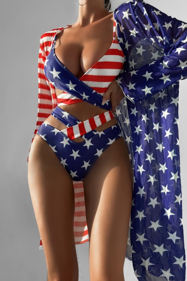 Red Blue Sexy Print Patchwork Swimsuit Three Piece Set (With Paddings)