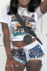 White Street Print Patchwork Pocket O Neck Short Sleeve Two Pieces