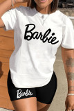 Powder Blue Casual Print Basic O Neck Short Sleeve Two Pieces