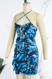 Blue Sexy Print Hollowed Out Patchwork Frenulum Backless Halter Sleeveless Dress Dresses