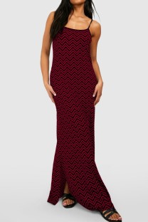 Burgundy Casual Print Backless Spaghetti Strap Long Dress Dresses