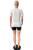 Powder Blue Casual Print Basic O Neck Short Sleeve Two Pieces