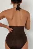 Coffee Sexy Solid Bandage Backless Swimwears (With Paddings)