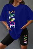 Blue Casual Letter Print Basic O Neck Short Sleeve Two Pieces