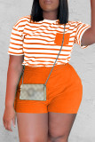 Green Casual Striped Print Patchwork O Neck Short Sleeve Two Pieces