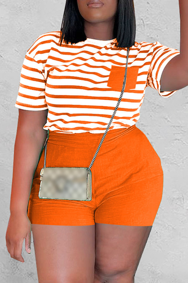 Orange Casual Striped Print Patchwork O Neck Short Sleeve Two Pieces