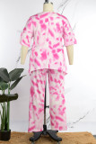 Pink Casual Work Street Tie Dye Pocket O Neck Plus Size Two Pieces