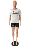 Powder Blue Casual Print Basic O Neck Short Sleeve Two Pieces